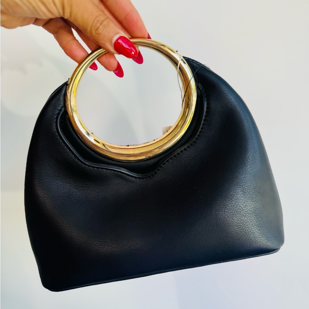 Elegant Black Leather Handbag with Gold Accents